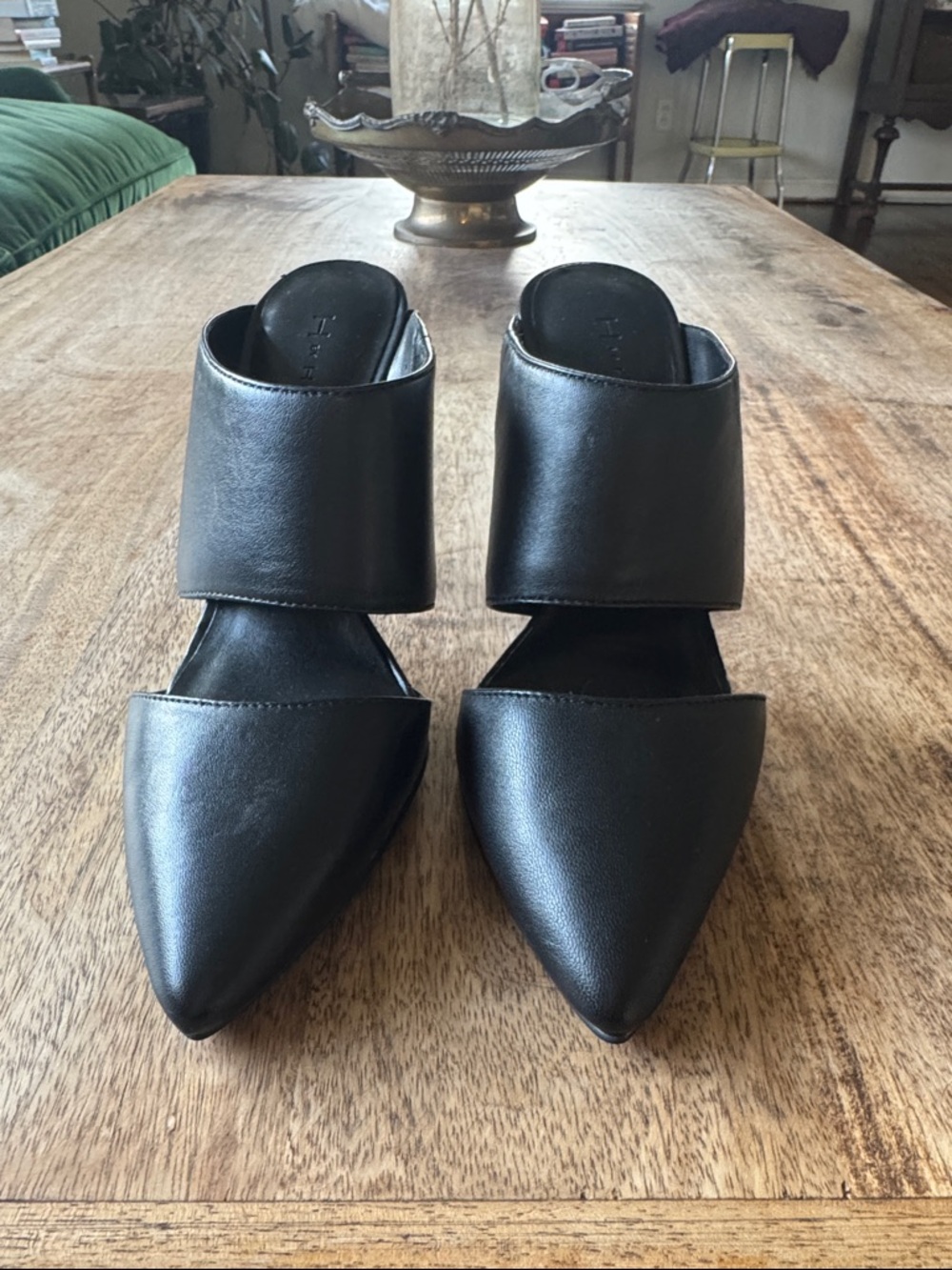 H by Halston Black Pointed Toe Double Strap Mules